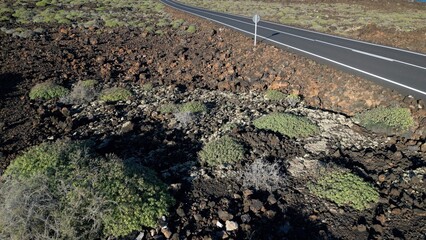 Spain , Canaries - car passing  through street road immersed in the nature  in volcanic landscape...