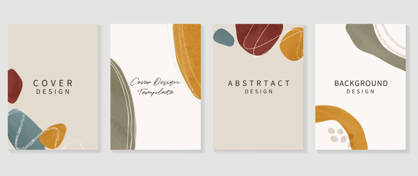 Abstract Design Cover Set Vector Illustration. Creative Background Template With Earth Tone Watercolor Organic Shapes And Line Arts. Design For Greeting Card, Invitation, Social Media, Poster, Banner.