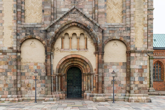Entrance of cathedral in picturesque village Ribe In Southern Jutland in Denmark. Oldest city of Scandinavia