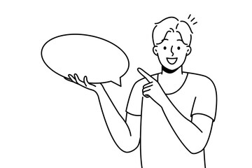 Smiling young man holding speech bubble in hands. Happy guy point at mockup empty blank copy space for advertising. Vector illustration. 