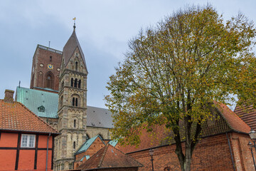 Fototapeta premium Cityscape with cathedral of little picturesque village Ribe In Southern Jutland in Denmark. Oldest city of Scandinavia