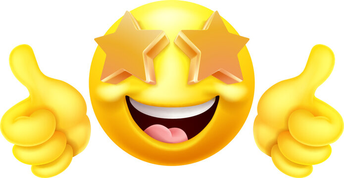 A star struck emoji or emoticon face icon with stars for eyes giving a thumbs up cartoon