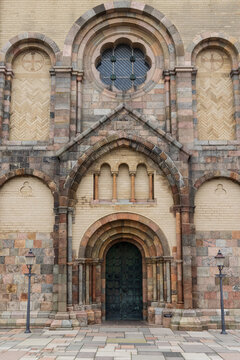 Entrance of cathedral in picturesque village Ribe In Southern Jutland in Denmark. Oldest city of Scandinavia