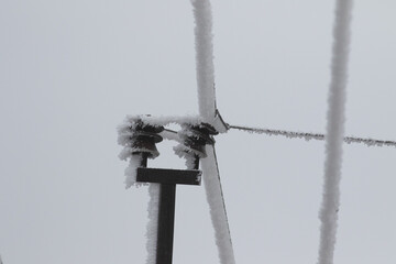 Winter, freezing temperatures. Ukraine's energy sector, high-voltage power lines in the ice