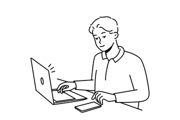 Young businessman sit at desk work on laptop use cellphone. Male employee multitask busy with electronic gadgets on table in office. Vector illustration. 