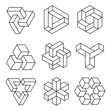 Impossible shapes set line icon. Optical illusion geometry group. Visual perception trick. Penrose geometric objects. Esher impossible figures outline collection. Vector illustration, flat, clip art.