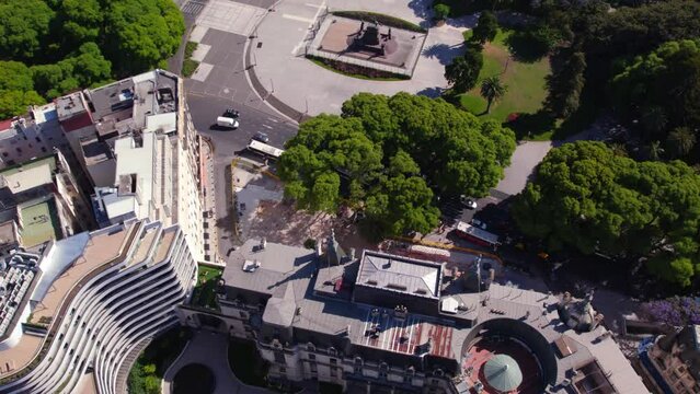Aerial view dolly in of the Croque Madame Palacio Paz and the Monument of the Liberator Jos&eacute; de San Mart&iacute;n in the Retiro neighborhood, Buenos Aires.