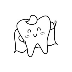 Cute tooth superhero line art. Black and white dental character for kids. Great for coloring and activity pages. Healthy smiling tooth. Vector illustration