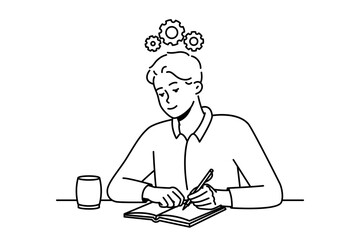 Young man sit at desk making notes in notebook generate creative ideas in head. Motivated male employee write in journal with gear mechanism above head. Vector illustration. 