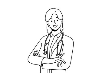 Smiling female doctor in white medical uniform feel positive and optimistic. Happy woman GP or therapist posing showing leadership qualities. Medicine. Vector illustration. 