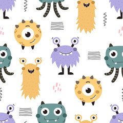 seamless pattern with cartoon monsters, decor elements. Colorful vector flat style for kids. hand drawing. baby design for fabric, print, wrapper, textile