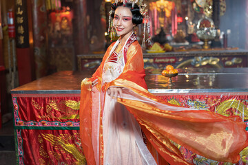 Chinese opera traditional dress in temple translation language is 'lucky and prosperity for all'