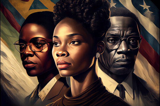 Black History Month Concept, Afroamerican Group Of Activists In Retro Clothes, Ai Illustration