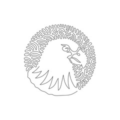 Continuous one curve line drawing of hawk has sharp beaks. Abstract art in circle. Single line editable stroke vector illustration of hawk bird of predatory for logo, wall decor, boho poster print