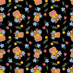 Seamless flower pattern,  Flat design floral background, Wildflowers repeat print, Colored garden illustration wallpaper, Spring flower design,  Blooming meadow ornament
