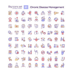 Fototapeta premium Chronic disease management RGB color icons set. Health care. Medical services. Disease treatment. Isolated vector illustrations. Simple filled line drawings collection. Editable stroke