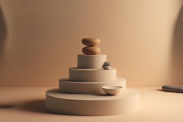 empty platform podium with a stone stack against a beige background. minimal product presentation scene with an empty display. Generative AI
