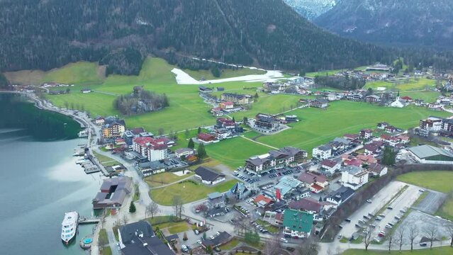Scenic Pertisau Village In Tyrol, Austria - aerial drone shot