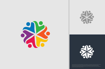 abstract global crown people colorful logo minimalist style illustration. Teamwork symbol.