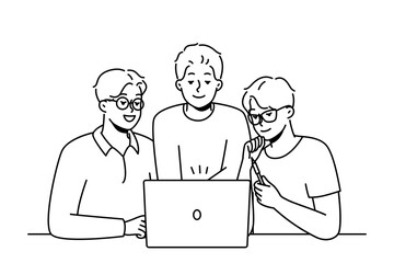 Smiling male colleagues look at computer screen brainstorming together. Happy coworkers cooperate working on laptop at workplace. Teamwork. Vector illustration. 