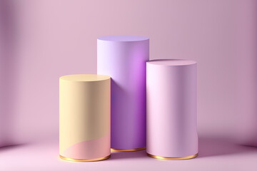 three geometrically shaped podium cylinder displays. pedestal with a gold rim, in shades of lilac, pink, and violet. For the product, a pastel copy space background. Summer mockup drawing in minimalis