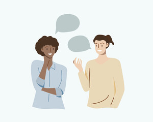 Obraz premium People talking, telling or speaking. Communication concept.Couple chatting with speech bubbles.Men and women meeting.Dialogue between characters.