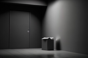 dark wall as a backdrop A blank parcel stands in front of an empty office. Generative AI