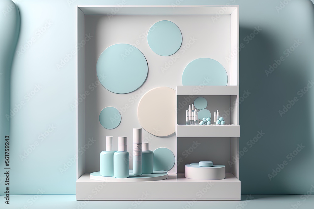 Poster studio space that is abstract and has a podium. platform in white and soft blue with a backdrop of c
