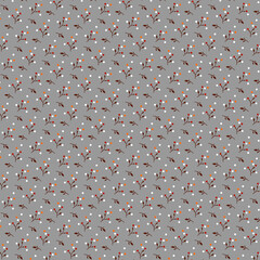 Botanical pattern with white, orange and red polka dots and dark brown leaves on a gray background