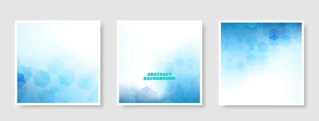 Set of square banners, blue abstract background blue hexagon.