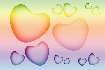 Illustration of 3D Various Sized Hearts on Gradient Pastel Rainbow Color Stripes