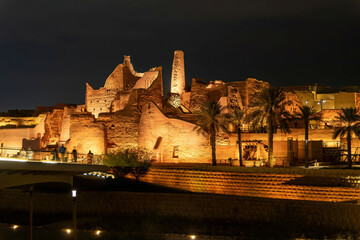 The Historic Diriyah Fort illuminated at night, Riyadh, Saudi Arabia