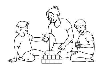 Caring young mother play with children at home. Loving mom engaged in game with colorful blocks with kids on leisure weekend. Vector illustration. 