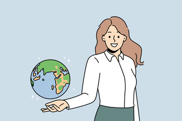 Smiling young female teacher holding globe on hand. Happy woman geography tutor showing planet Earth model. Education and learning. Vector illustration. 