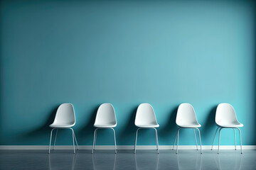 Front view of a row of modern, simple white chairs against blue wall in a minimal style waiting room interior. Generative AI - obrazy, fototapety, plakaty
