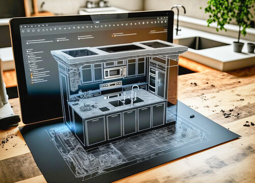 Future design. The construction drawings of the kitchen turn into a 3D model with the help of augmented reality - Generative AI