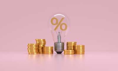Light bulb with percent symbol isolated and Stacked Coin on pink background.