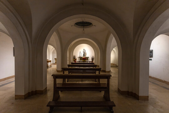 OROPA, ITALY, OCTOBER 30, 2022 - The cript of Oropa Sanctuary, marian sanctuary dedicated to the Black Madonna, Biella province, Piedmont, Italy