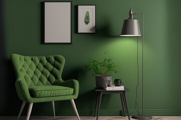 Green living room wall background with grey decorative chair, lamp frame middle table and poster style. Generative AI