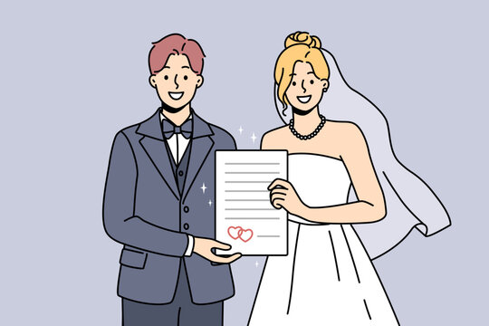 Smiling bride and groom holding marriage certificate excited about starting family. Happy couple in bridal dress and suit on wedding day. Vector illustration. 