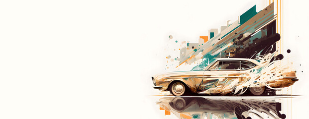 Watercolor Sports Retro Car in Beige and Green Banner. Splashes of color. Generative AI