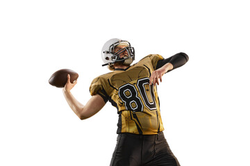 Serving ball. Man, professional american football player in motion, training over white studio...
