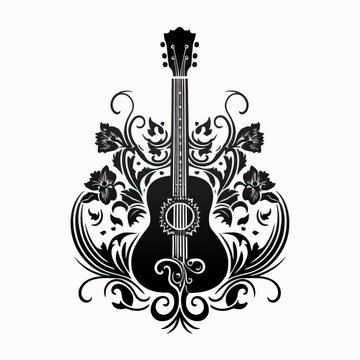 Spanish guitar drawing tattoo design with black inks on white background. musical instruments created with Generative AI technology