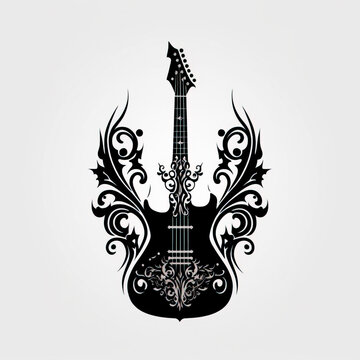 guitar drawing tattoo design with black inks on white background. musical instruments created with Generative AI technology