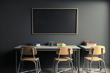Empty school classroom interior with desks and chairs, space for text on chalkboard. Modern schoolroom with furniture. Generative AI