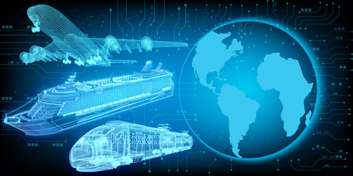 3D rendering illustration aeroplane cargo ship and Lorry truck with world maps blueprint glowing neon hologram futuristic show technology security for premium product business finance  transportation