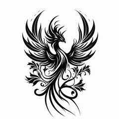 phoenix bird tattoo sketch on white background. black ink and geometry. mythological animal created with Generative AI technology