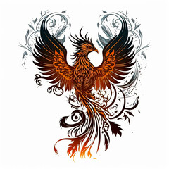 Obraz premium phoenix bird tattoo sketch on white background. black ink and geometry. mythological animal created with Generative AI technology