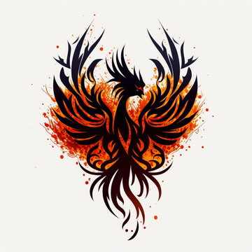 Freedom, phoenix bird tattoo sketch on white background. black ink and geometry. mythological animal created with Generative AI technology