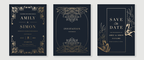 Luxury wedding invitation card background vector. Golden texture botanical flower leaf branch line art with geometric frame template. Design illustration for wedding and vip cover template, banner.